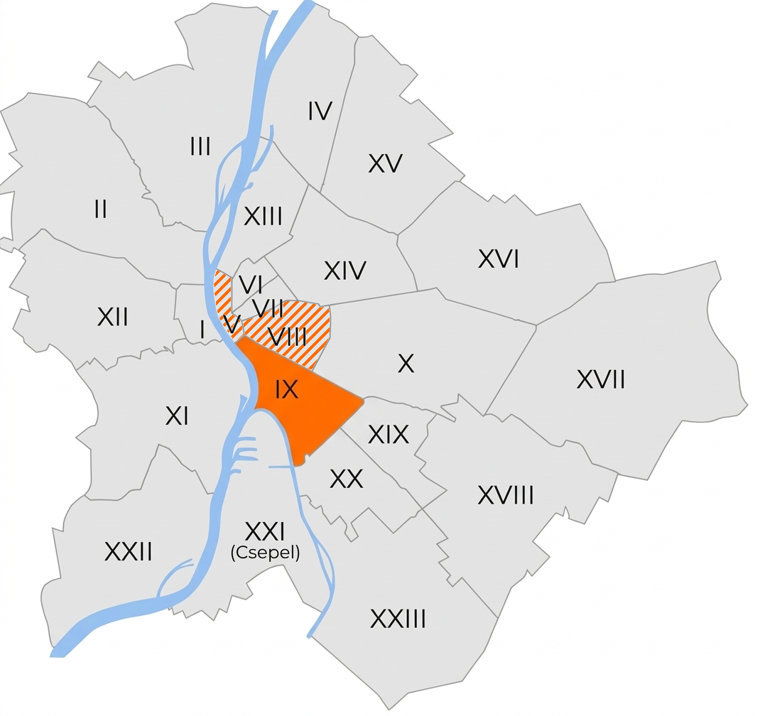 Budapest térkép — IX. kerület narancssárgával, a kijelölt V. és VIII. kerületi zónák sraffozva